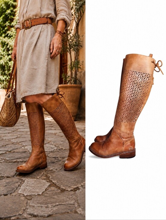 Bed Stu Shoes - Bed Stu Cambridge Tan Brown Leather Cutout Knee-High Riding Boots